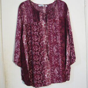 * Indigo Blouse Plus Size 2X Pink Purple Boho Print Smocking